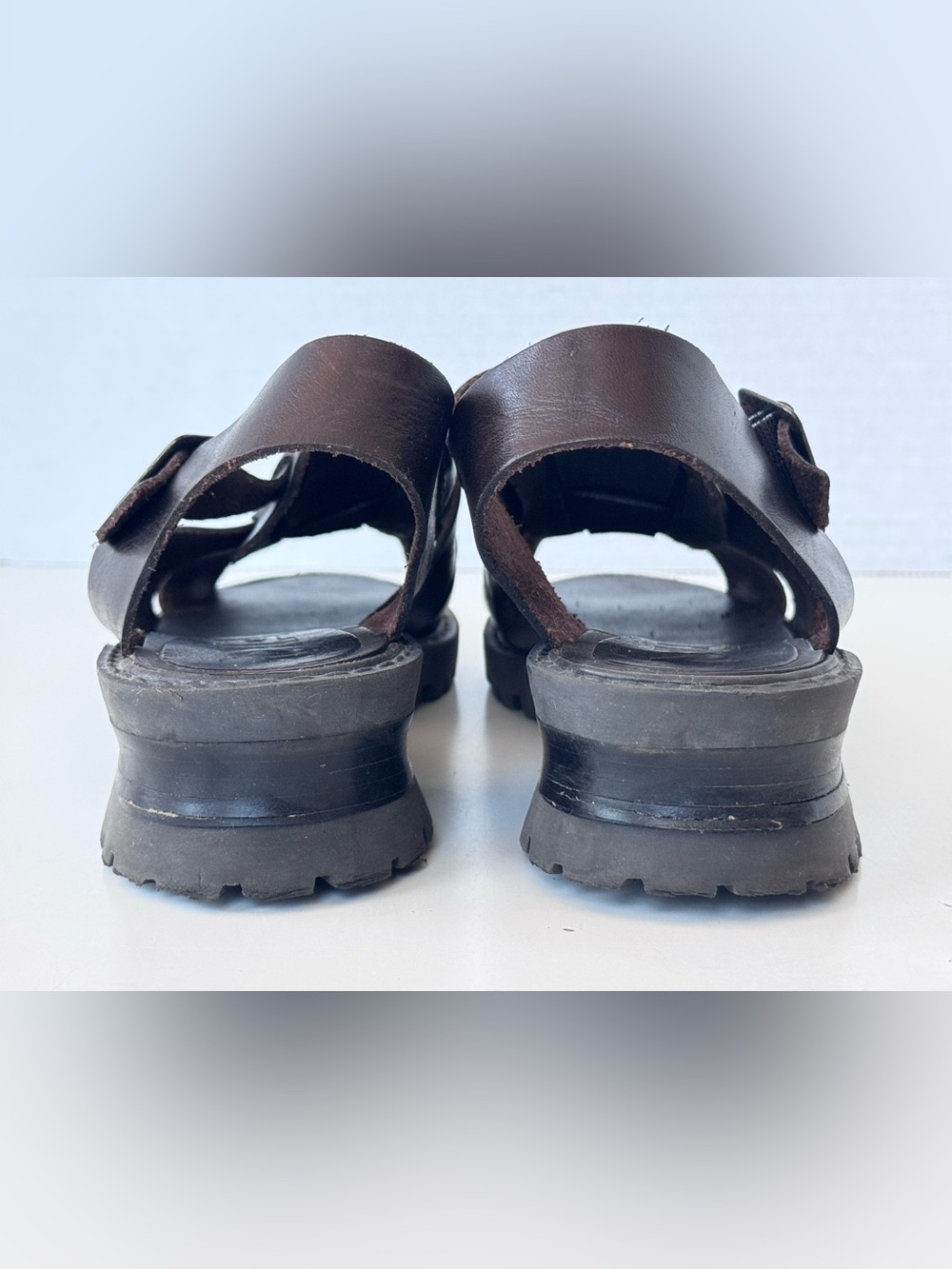 Vintage 90s MIA Y2K Brown Leather Fisherman Sandals Strappy Chunky Platform Shoe - Picture 7 of 10